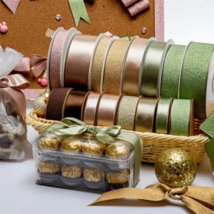 1 Inch 25mm 100 Yards Polyester Glitter Ribbon Roll Customized Double Sided Silver Gold Satin Thin Wired Christmas Wedding