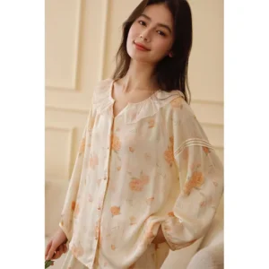 100% Viscose Satin Floral Print Nightgown Set Korean Style Pajama Set with Lace Collar