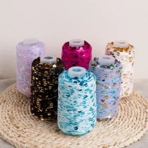 100g Dyed Fancy Yarn Combed Cotton Sequin Thread-3mm & 6mm Large Sequins Hand-Knitted DIY Beaded Yarn Tube for Weaving