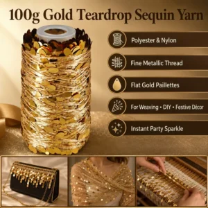 100g Gold Sequin Paillette Teardrop Z Twist Polyester Nylon Decorative Yarn Metallic Shimmer Craft Thread DIY Weaving
