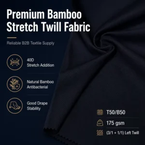 175gsm Lightweight Polyester Bamboo Fiber 40D Stretch Twill Fabric Roll Woven for Blazers Uniforms Jackets Girls & Boys