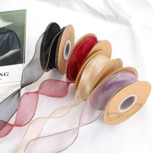 4cm*10Yard Fishtail Yarn Ribbon Gold Line Wave Curved Edge Bouquet Packaging DIY Material Printed Organza Floral Valentine’s Day