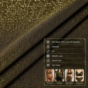 52% Nylon 43% Lurex 5% Spandex 200GSM Metallic Lurex Fabric Yarn Dyed Stretch Soft Golden for Swimwear Blouses Sportswear