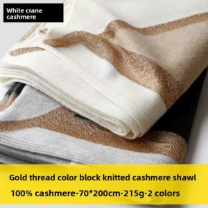 70x180cm Women White Pure Cashmere Knitted Scarf Shawl 2 in 1 Multi use Wrap Block Glitter Gold Thread Soft Warm Neck Scarf