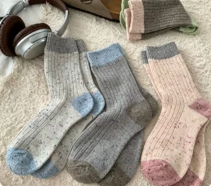 Autumn Winter Thick Spandex Nylon Cotton Blend Unisex Stackable Mid Calf Socks Color Block Slub Yarn Dot Breathable Warm Hosiery