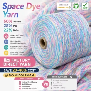 Blended Yarn Rainbow Space Dyed Core Spun Yarn 50 Viscose 28 PBT 22 Nylon Segmented Dyed Yarn For Sweater Knitting