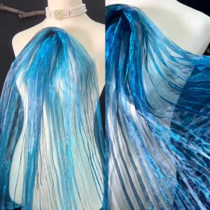 Blue Mermaid Iridescent Organza Fabric Gradient Pleated Shimmer Light Reflective Holographic Pleated Tulle for Designer Dress