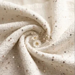 Breathable 100% Polyester Woven White Sequined Tweed Fabric for Women’s Jackets Moq One Roll