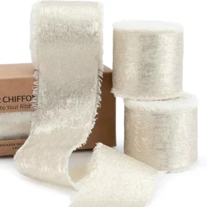 Champagne Gold 4cm Shimmery Gold Silk Gift Ribbon Printed Metallic Frayed Edge Chiffon Ribbon for Wrapping