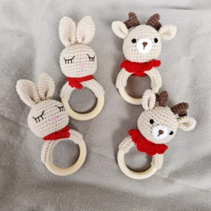 Christmas Series Handmade Bunny Santa Elk Deer Snowman Crochet Animals Wooden Ring Rattle Christmas Tree Hanging Decoration
