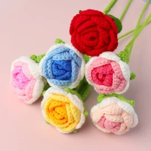 Crochet Flower Home Decoration Handmade Simulation Woven Artificial Crochet Flowers Bouquet Eternal Yarn Rose Knitted Flower