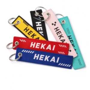 Custom Logo Keyring Woven Patch Keychain with Fabric Embroidery Hang Tag