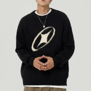 Custom Logo Oem Odm Mohair Sweater Jacquard Knitwear Crew Neck Knitted Winter Fuzzy Knit Thick Mohair Sweater For Men