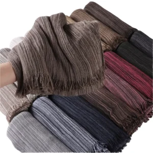 Custom Logo Women Pleated Crinkle Stripe Scarf Yarn Dyed Cotton Feel Shawl Wrap Vertical Tassel Fringe Muffler Unisex