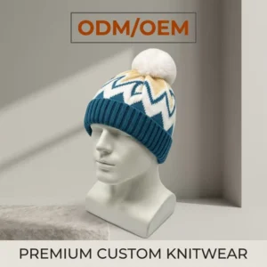 Custom Nordic Zigzag Pattern Knit Beanie Warm Soft Ribbed Cuff Winter Pom Pom Bobble Hat Geometric Knitted Cap Hat Supplier
