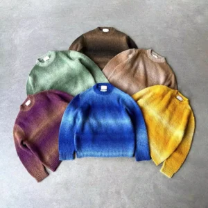 Custom OEM Crew Neck Sweater Long Sleeve Striped Sweater Men Gradient Knitted Pullover Jacquard Knitwear Men Mohair Sweater