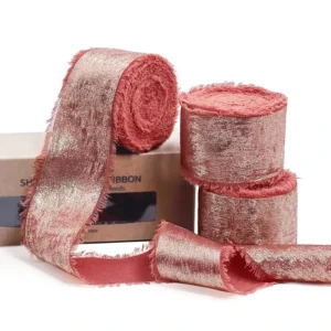 Deep Coral Chiffon Ribbon Shimmery Frayed Edge Metallic Gold Silk Ribbon for Bridal Flower Bouquet Gift Wrapping Wedding Decor