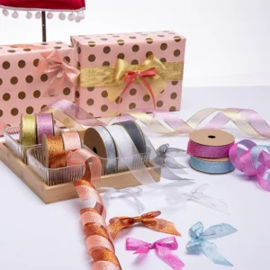 Double Face Sparkly Sheer Organza Ribbon with Metallic Yarn for Luxury Packaging Perfume and Jewelry