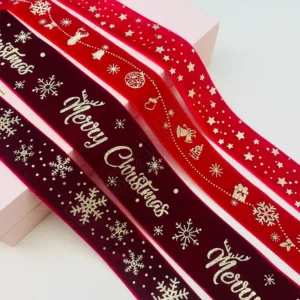 E Magic 25mm 38mm Shiny No Elastic Gold And Silver Flocking Velvet Polyester Ribbon Spool For Christmas Decoration DIY