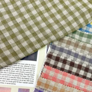 Enzymed Organic 100% Linen Woven Fabric Small Gingham Check Eco-Friendly Yarn Dyed Breathable Soft Washed Girls Boys