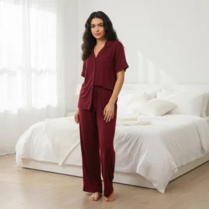 FUNG 8006 Short Sleeve Long Trousers Viscose Modal Loungewear Womens Button Front Daily Night Suit