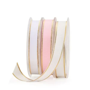 Factory 100% Polyester Double Face Metallic Gold Edge Eco Friendly Grosgrain Ribbon