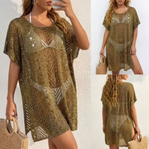 Factory Custom Women’s Shiny Thread Machine Knit Sheer Swimsuit Cover up Dress Slip-on Beach Bikini Outer Coverups
