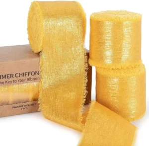 Gold Ribbon Shimmery Silk Metallic Chiffon Ribbon Frayed Edge for Bridal Flower Bouquet Gift Wrapping Wedding Fall Decor