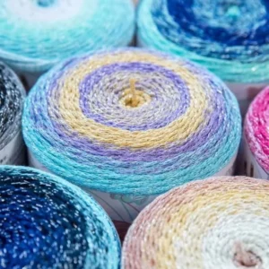 Gradient Ombre Cake Yarn Hollow Tube Yarn 51% Cotton 34% Polyester 15% Metallic DIY Crochet Yarn
