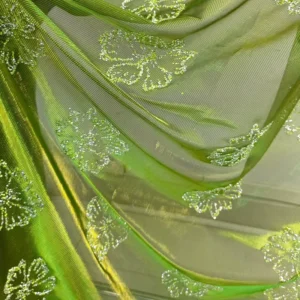 Green and Gold Two Tone Metallic Knitted Sheer with Glued Crystal Stone for Dress
