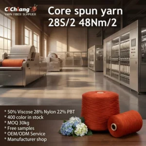 High Elastic Color Core Spun Yarn 50% Viscose 28% Nylon Eco-Friendly High Tenacity Dyed Fancy Yarn 28s/2 for Sewing Textile