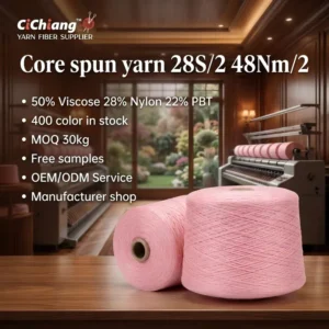 High Elastic Dyed Color Core Spun Yarn 50% Viscose 28% Nylon Blended Fancy Yarn 28s/2 48Nm/2 for Sewing