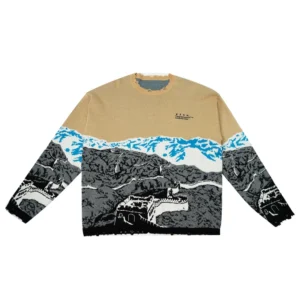 Men’s Blue Brown Graffiti Clash Colour Crew Neck Pullover Sweater ODM Autumn Front New Explosive Custom Geometric Pattern Design