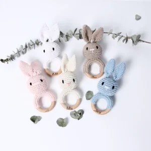 Natural Cotton Cartoon Hand Shake Crochet Animal Bunny Baby Rattle Toys with Wooden Teething Ring for Girls and Boys