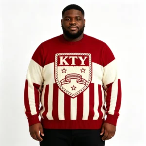 New Arrival Red Cream Block Sweater Embroidery Breathable Core Spun Yarn Oversize Fraternity Club Pullover