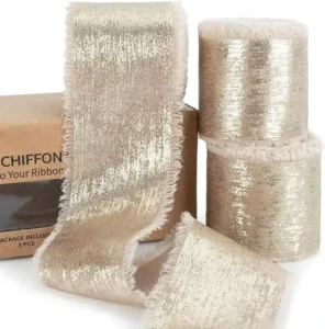 Nude Frayed Edge Ribbon Metallic Shimmery Gold Silk Chiffon Fabric Ribbon for Bridal Flower Bouquet Gift Wrapping Wedding Decor