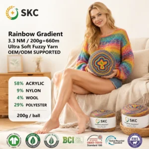 OEM ODM 3.3NM Dyed Multi Color Gradient Fuzzy Soft Acrylic Wool Blend 200g Cake Melange Yarn Ring Spun Uster Tested Hand