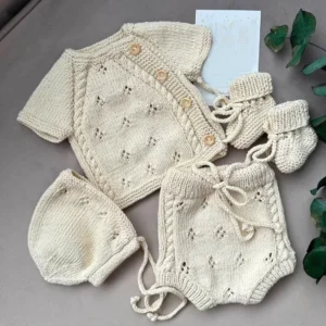 Organic Cotton Baby Knit Clothing Set Short Sleeve Cardigan Bloomers Bonnet Booties Newborn Summer Outfit