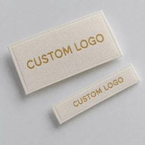 Private Label Labels Recycled Polyester Soft Washable Durable Multi Size Gold Metallic Thread Textile Apparel Branding Labels
