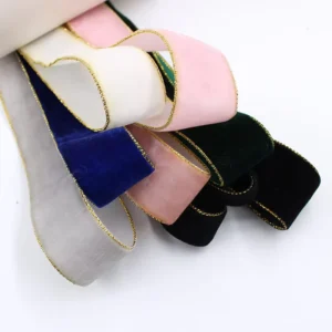 Ready Goods Elastic 25MM Single Face Gold Metallic Edged 100% Nylon Velvet Ribbon for Craft Decoration