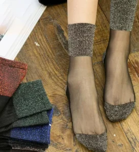 Summer Fashion Floral Crew Shiny Transparent Silk Metallic Yarn Anti Bacterial Breathable Women’s Socks