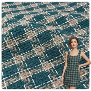Vintage Dark Green Check Tweed Fabric 100% Polyester Woven Fabric with Metallic Yarn for Fashion Garment Coat Dress and Suiting