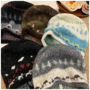 Vintage Jacquard Ribbed Knit Beanie with Pom Pom Fair Isle Style Warm Winter Beanie for Women