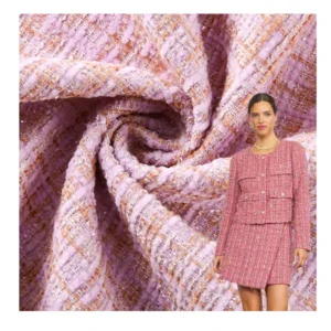 Whosale Fashional New Style 270~380gsm 150cm Check Houndstooth Polyester Woven Pink Yarn dyed Tweed Fabric for Ladies Coat
