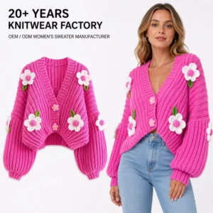 Winter Custom Women’s Long Sleeve Knitted Cardigan V Neck Crocheted Techniques Pink Bow Embroidered Flower Design Thick