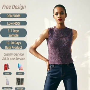 Women’s Shiny Metallic Vest Glitter Knitted Tank Top Rhinestone Shoulder Button Detail Shimmer Party Sleeveless Sweater