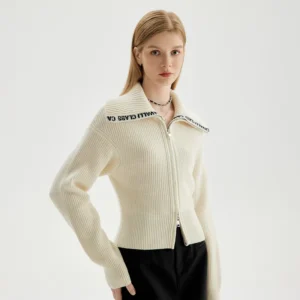 Women’s Solid Color Ribbed Design Cardigan Sweater Turn Down Collar with Double Zip Casual Knitted Weaving for Winter