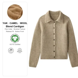 Women’s Yak Camel Wool Blend Cardigan GOTS Certified Brushed Fuzzy Polo Collar Relaxed Fit Button Front Knit Sweater